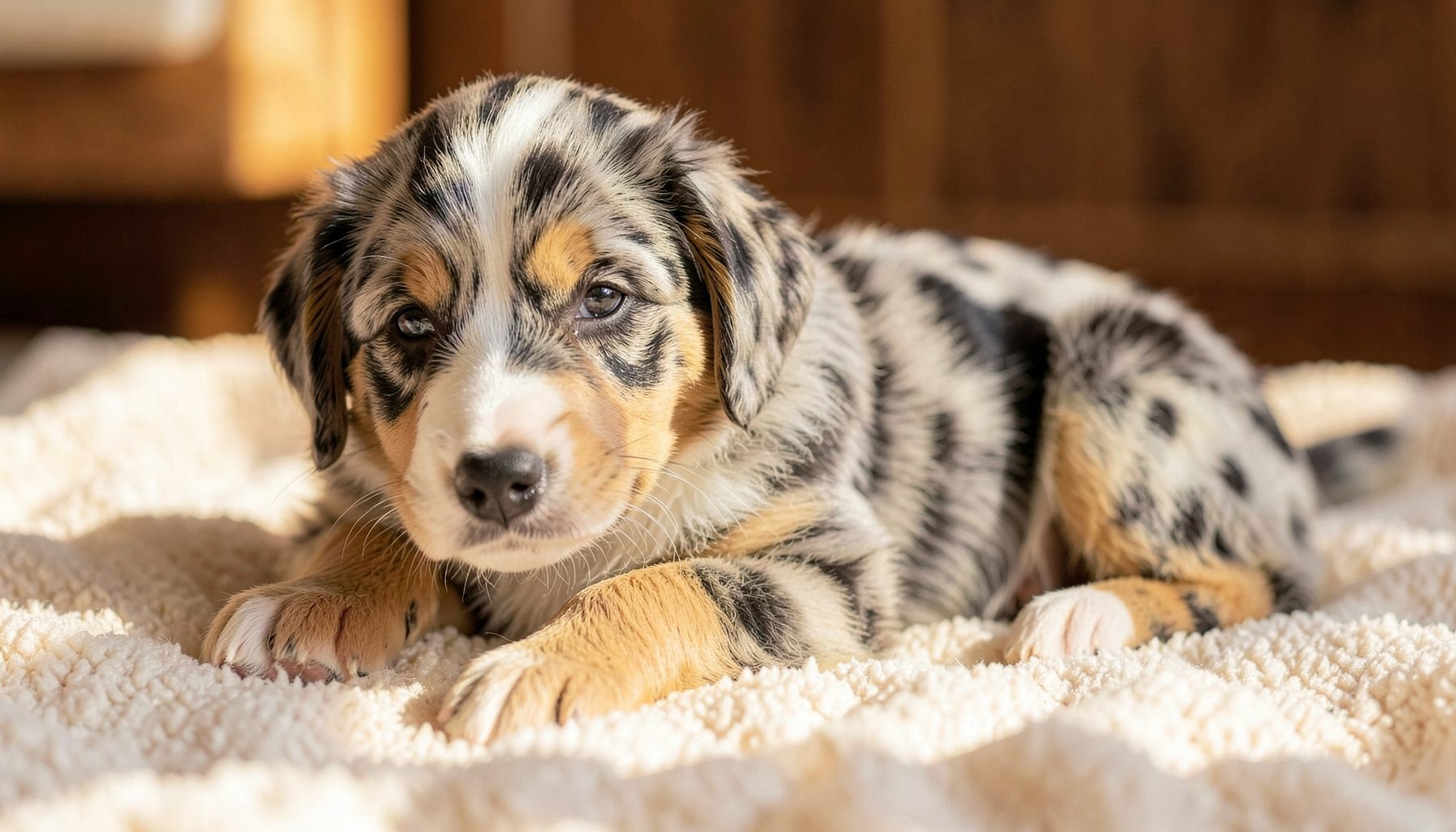 A calm Australian Shepherd puppy with a merle coat resting on a soft blanket in warm indoor light, conveying health and comfort