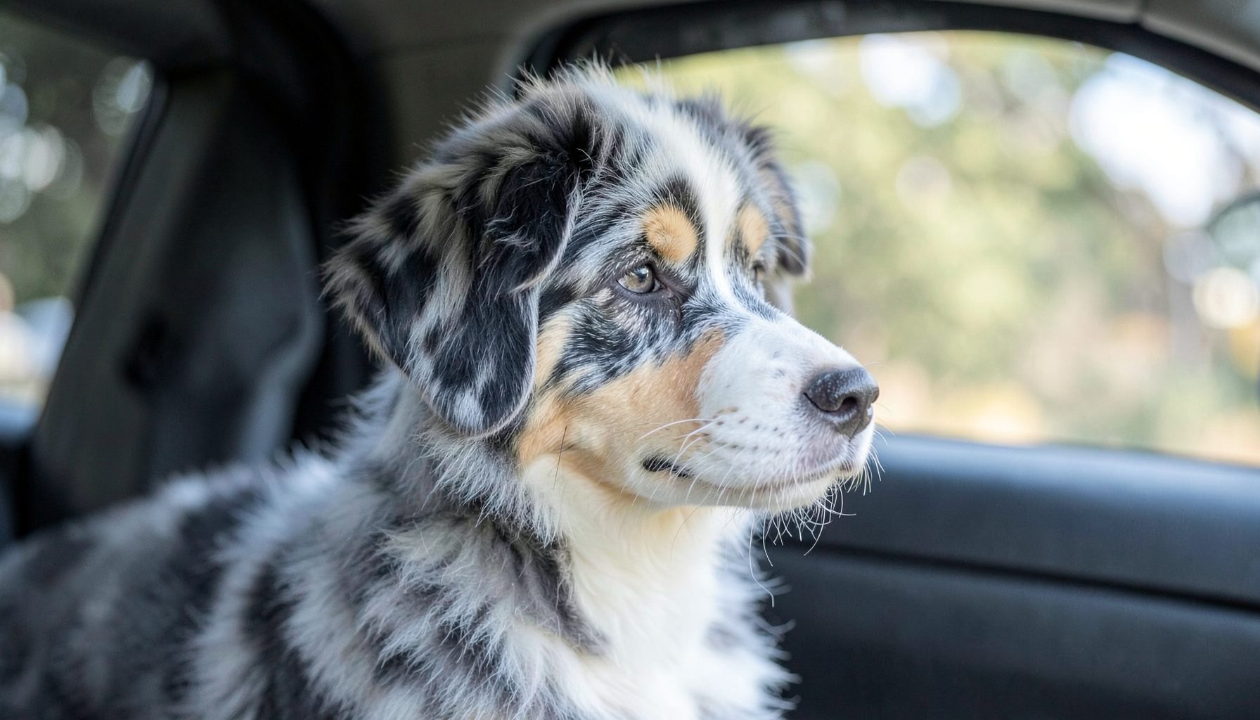 A fluffy Australian Shepherd puppy with a blue merle coat looking out a car window, soft natural light and a sense of travel