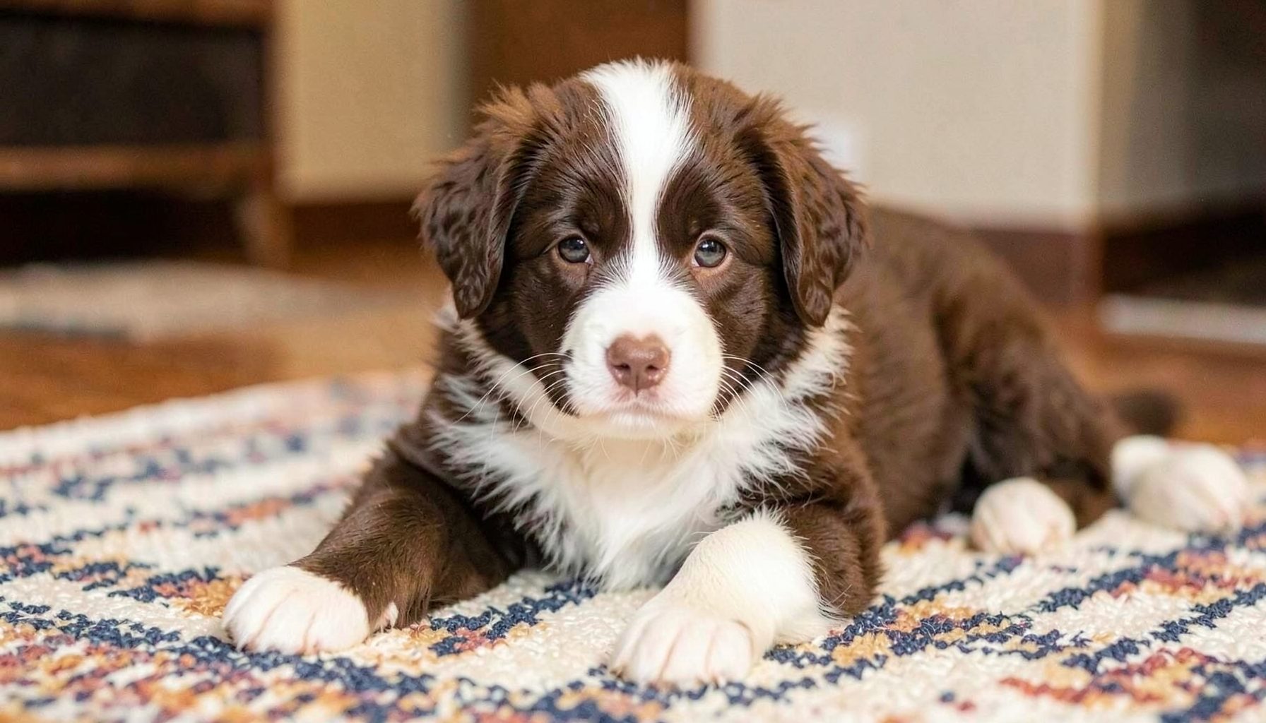 Brown and white fluffy Australian Shepherd puppy lying on a striped rug, looking at the camera with gentle light eyes, warm indoor setting