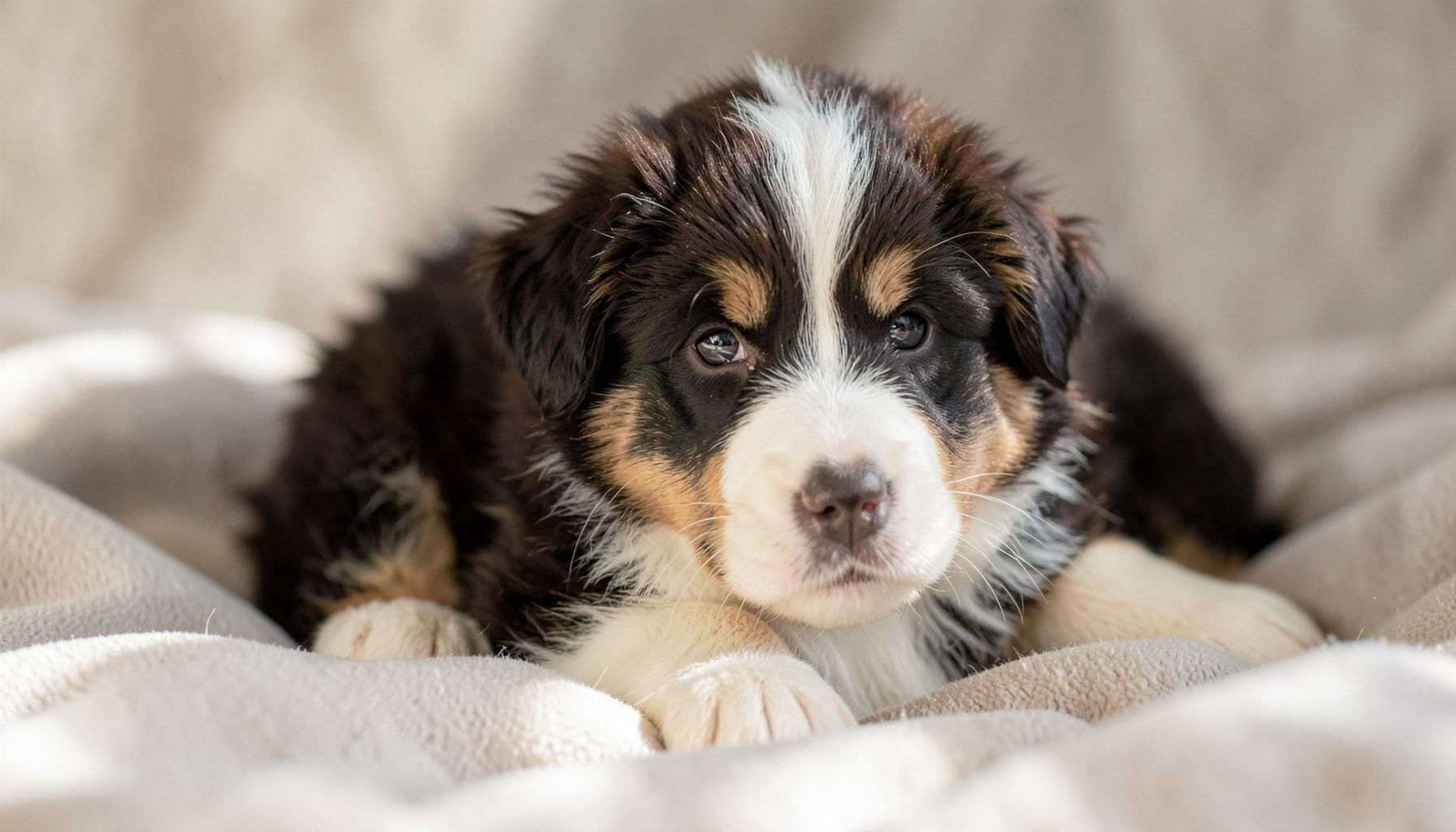 Fluffy Australian Shepherd puppy with a warm, trusting expression resting on soft fabric in gentle natural light