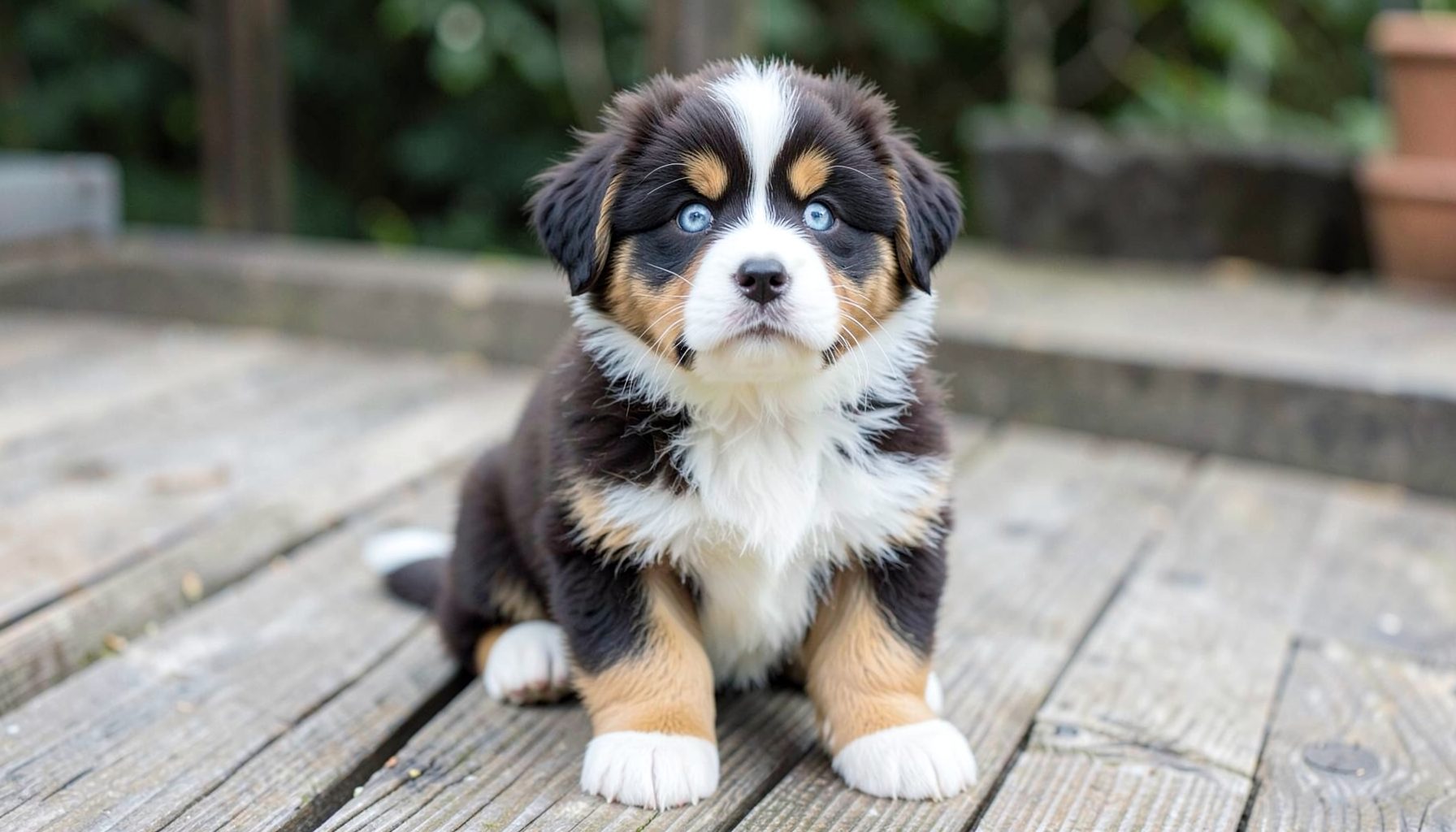 Fluffy Australian Shepherd puppy with blue eyes sitting on a wooden deck, looking up with a calm and curious expression