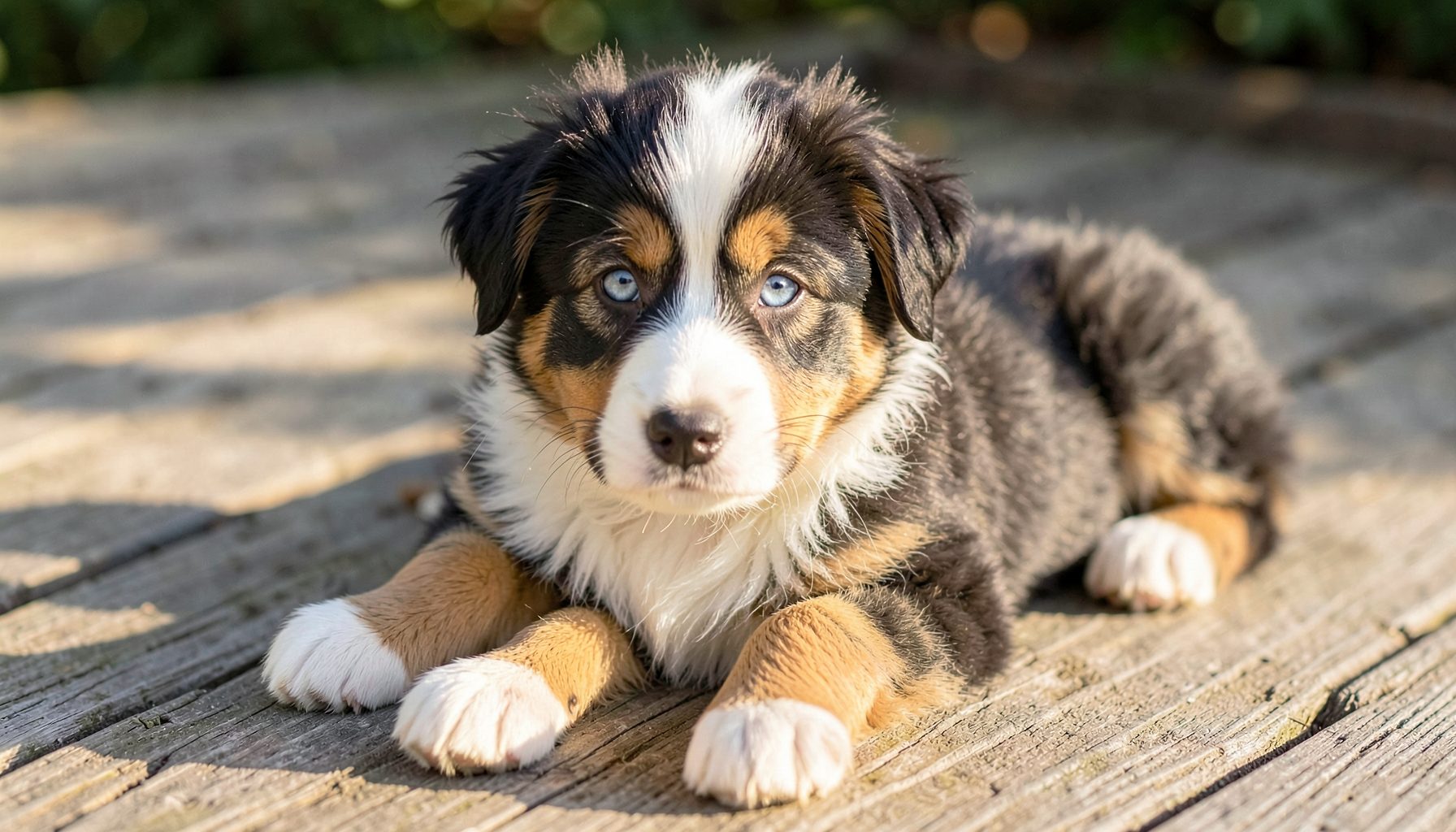 Fluffy merle Australian Shepherd puppy with striking blue eyes lying on a wooden deck in warm natural light, calm and trusting expression