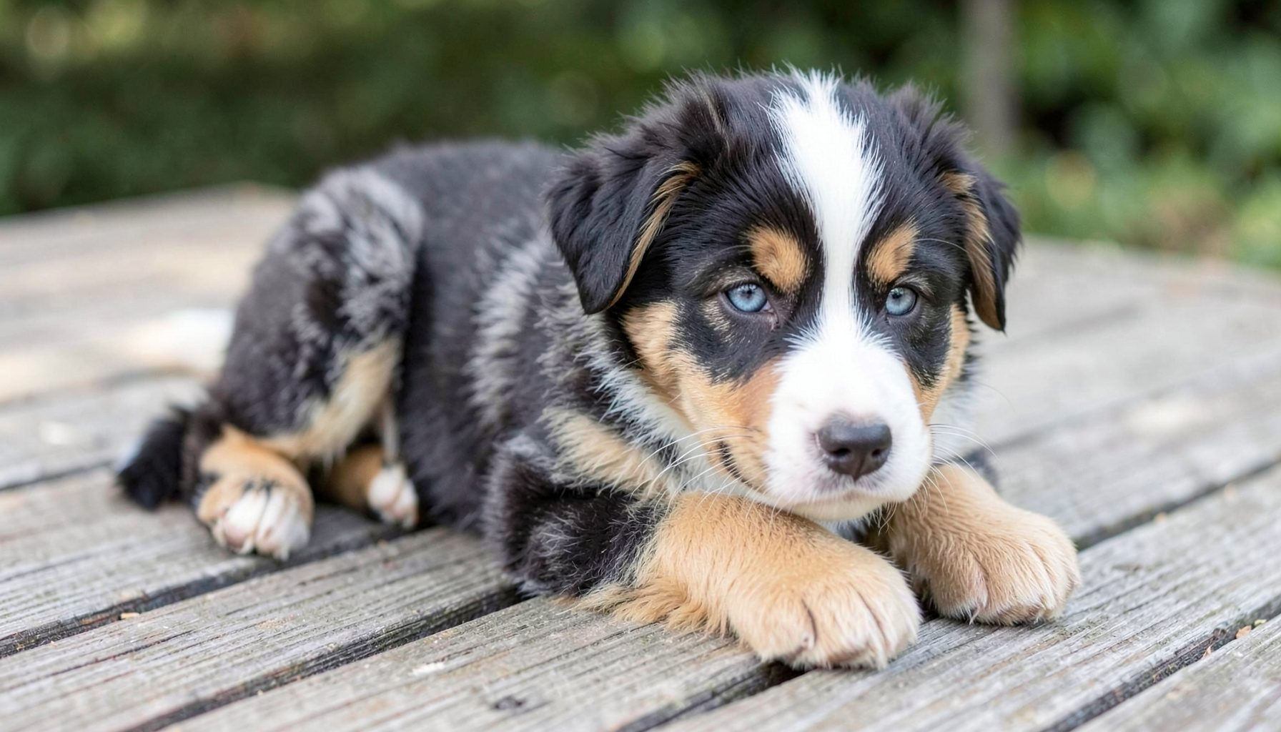 Fluffy merle Australian Shepherd puppy with striking blue eyes lying calmly on a wooden deck in soft natural light