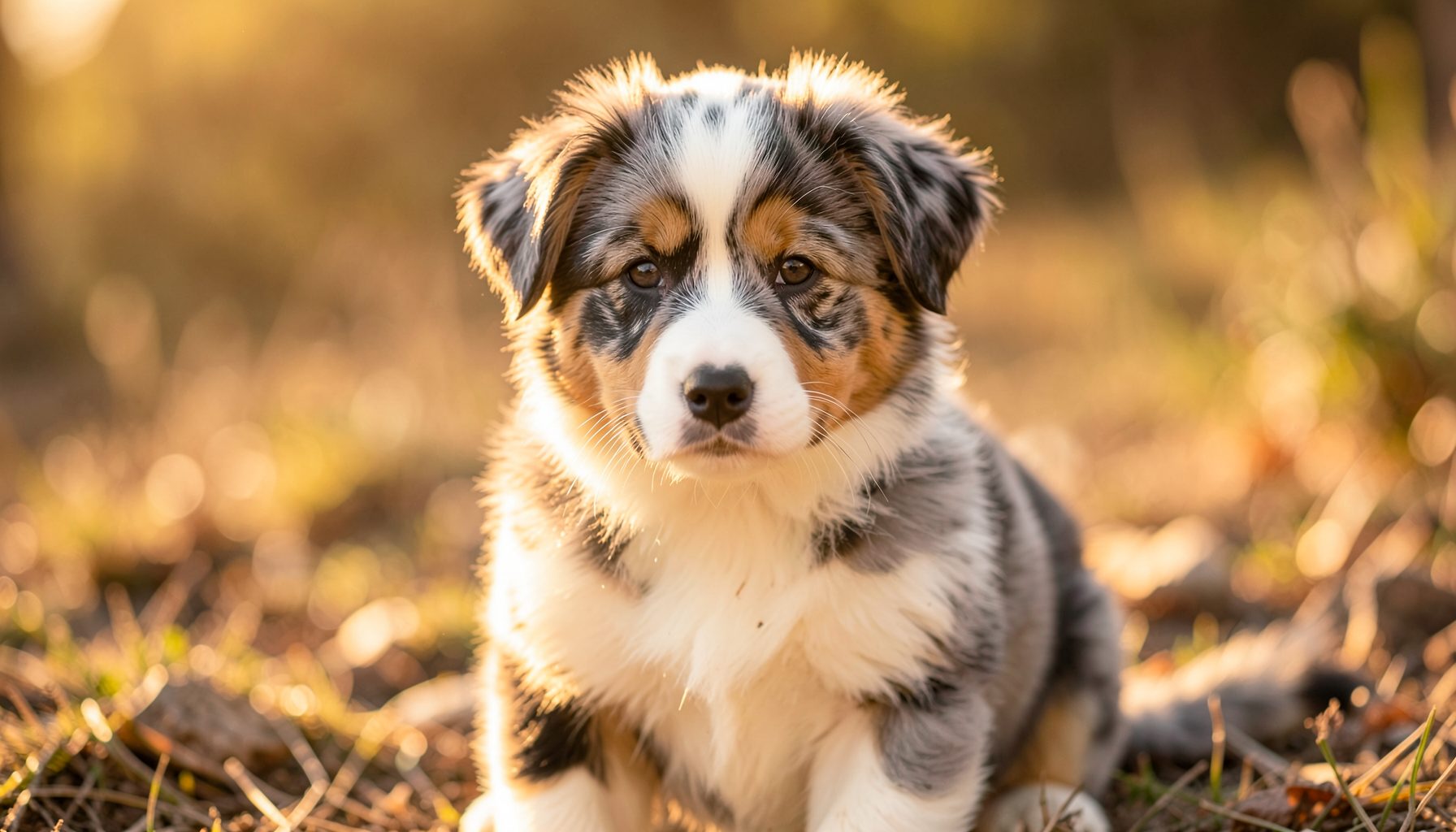Warm, sunlit scene of a fluffy Australian Shepherd puppy with a merle coat looking calmly toward the camera, soft golden light and earthy tones